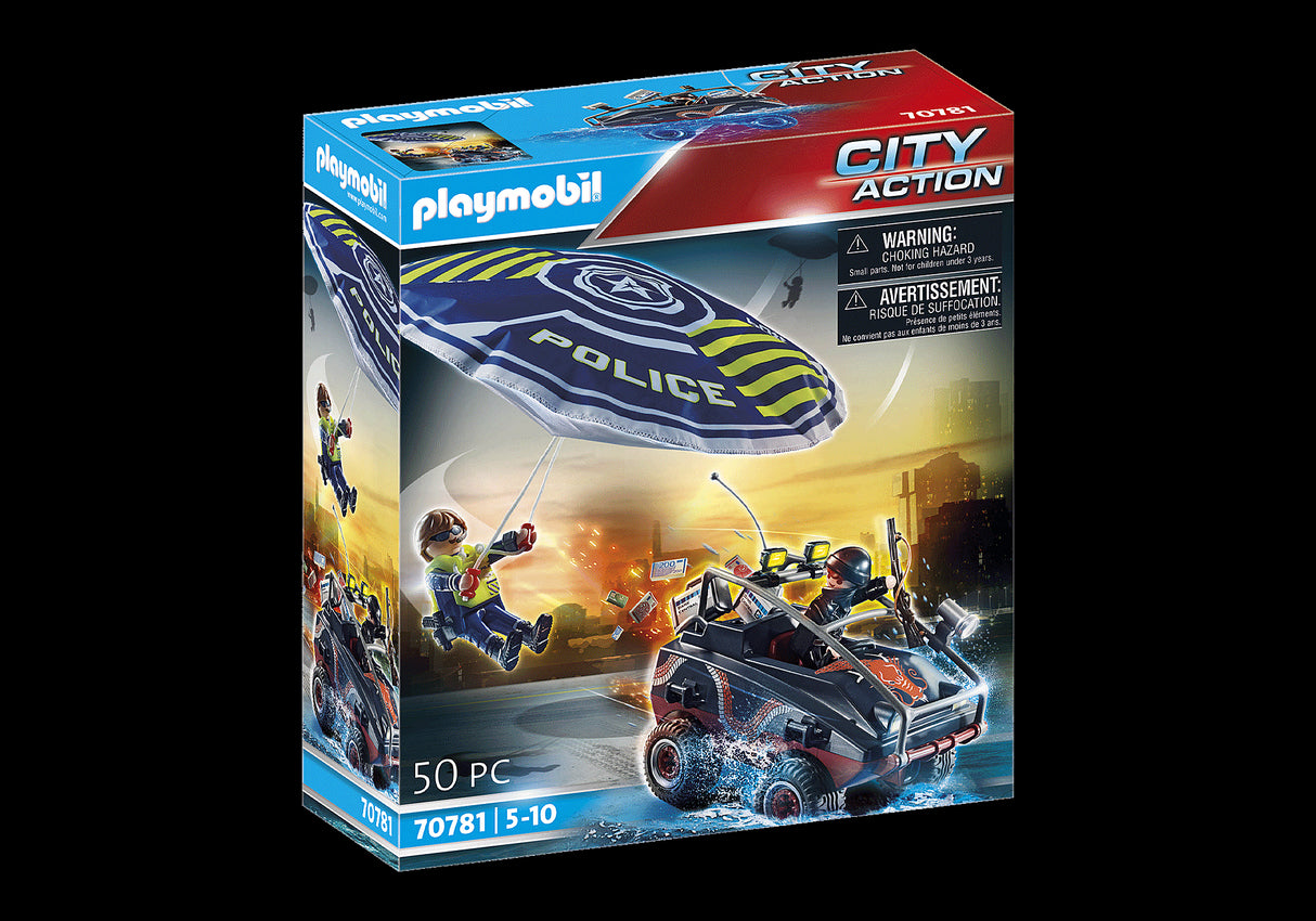 Playmobil Police set featuring a parachutist and amphibious vehicle for imaginative land and water rescue adventures.