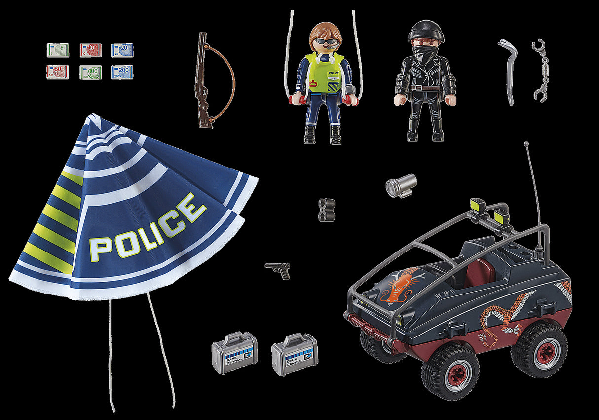Playmobil Police set featuring a parachutist and amphibious vehicle for imaginative land and water rescue adventures.