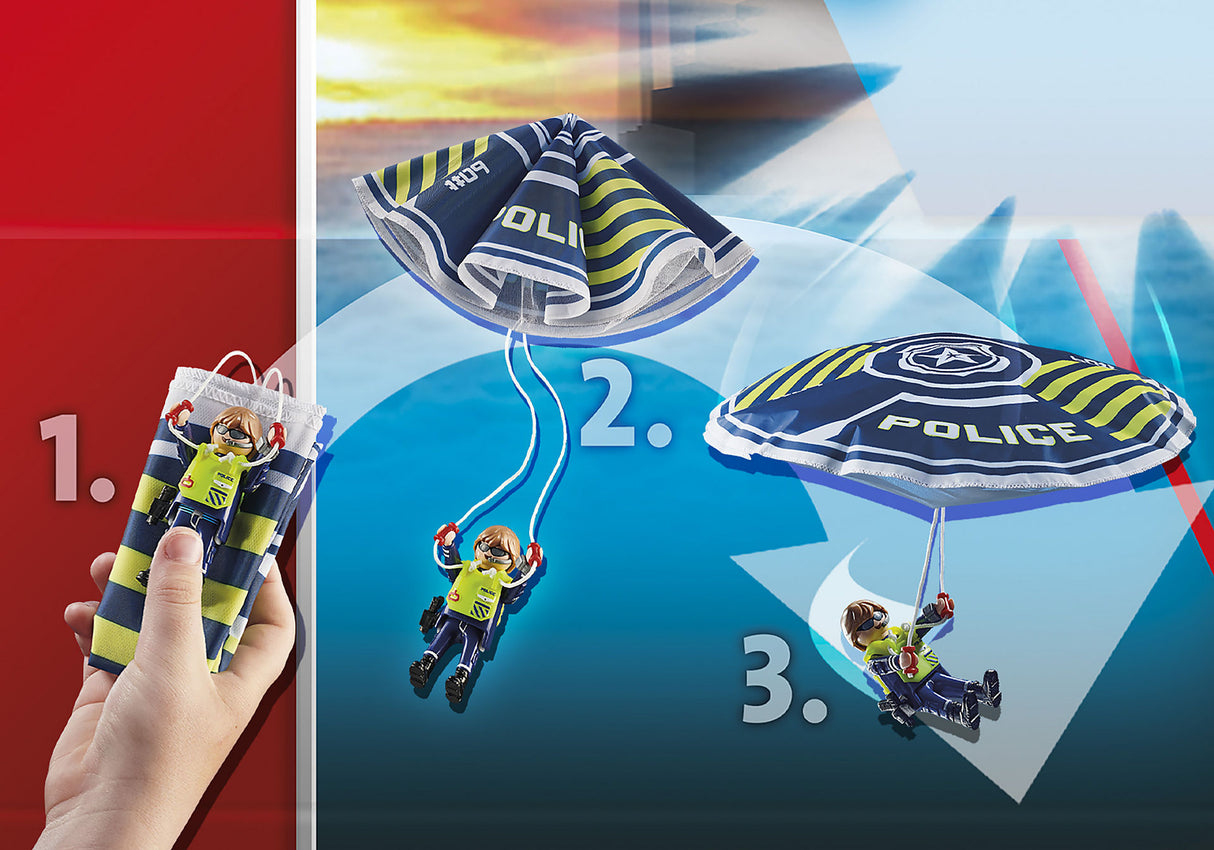 Playmobil Police set featuring a parachutist and amphibious vehicle for imaginative rescue missions on land and water.