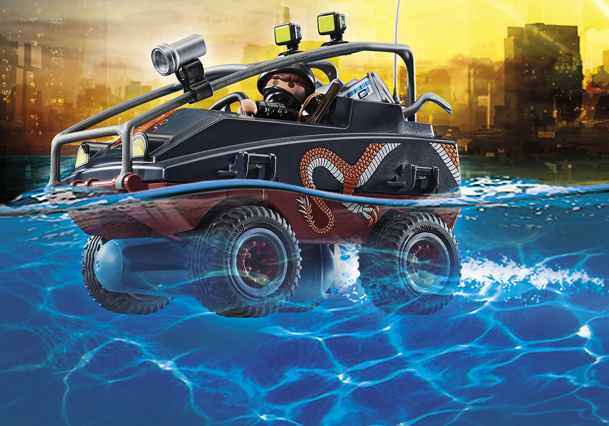 Playmobil Police Parachute set featuring a parachutist and an amphibious vehicle for imaginative land and water play.