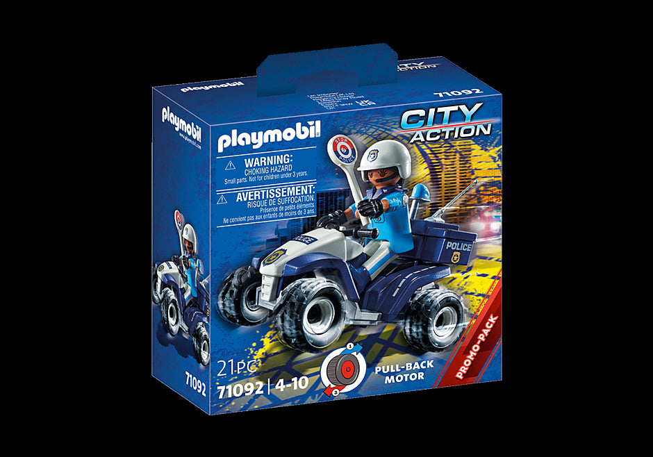 Playmobil Police Quad with officer, pull-back motor, police sign, and accessories for imaginative play and emergency scenarios.