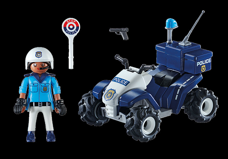 Playmobil Police Quad toy set featuring a police officer, pull-back motor, sign, and gear for imaginative play adventures.