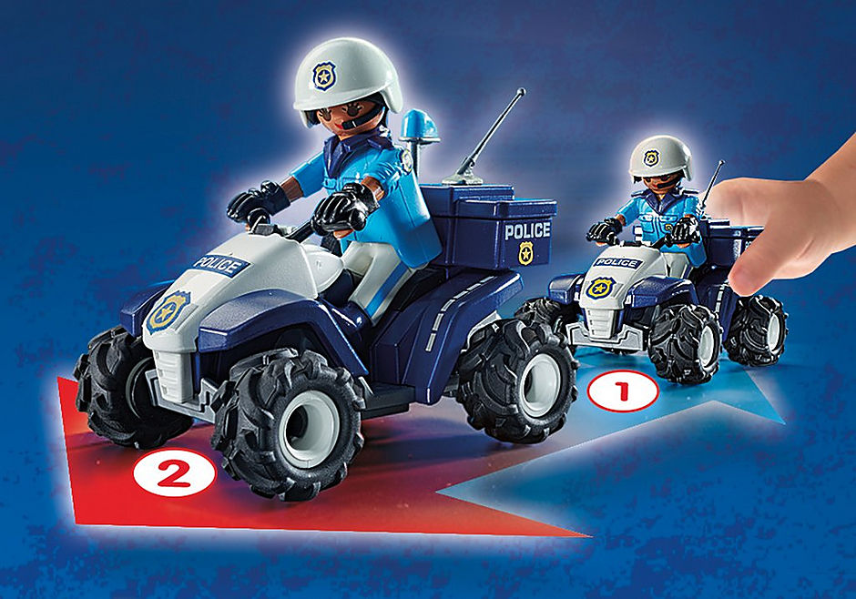 "Playmobil Police Quad set with officer, pull-back motor, police sign, helmet, gloves for imaginative roleplay and adventures."