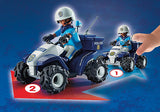 "Playmobil Police Quad set with officer, pull-back motor, police sign, helmet, gloves for imaginative roleplay and adventures."