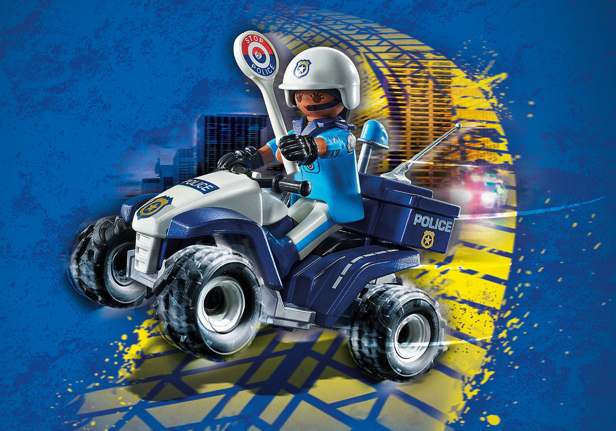 Playmobil Police Quad with pull-back motor, police officer, sign, and gear for imaginative roleplay and adventure.