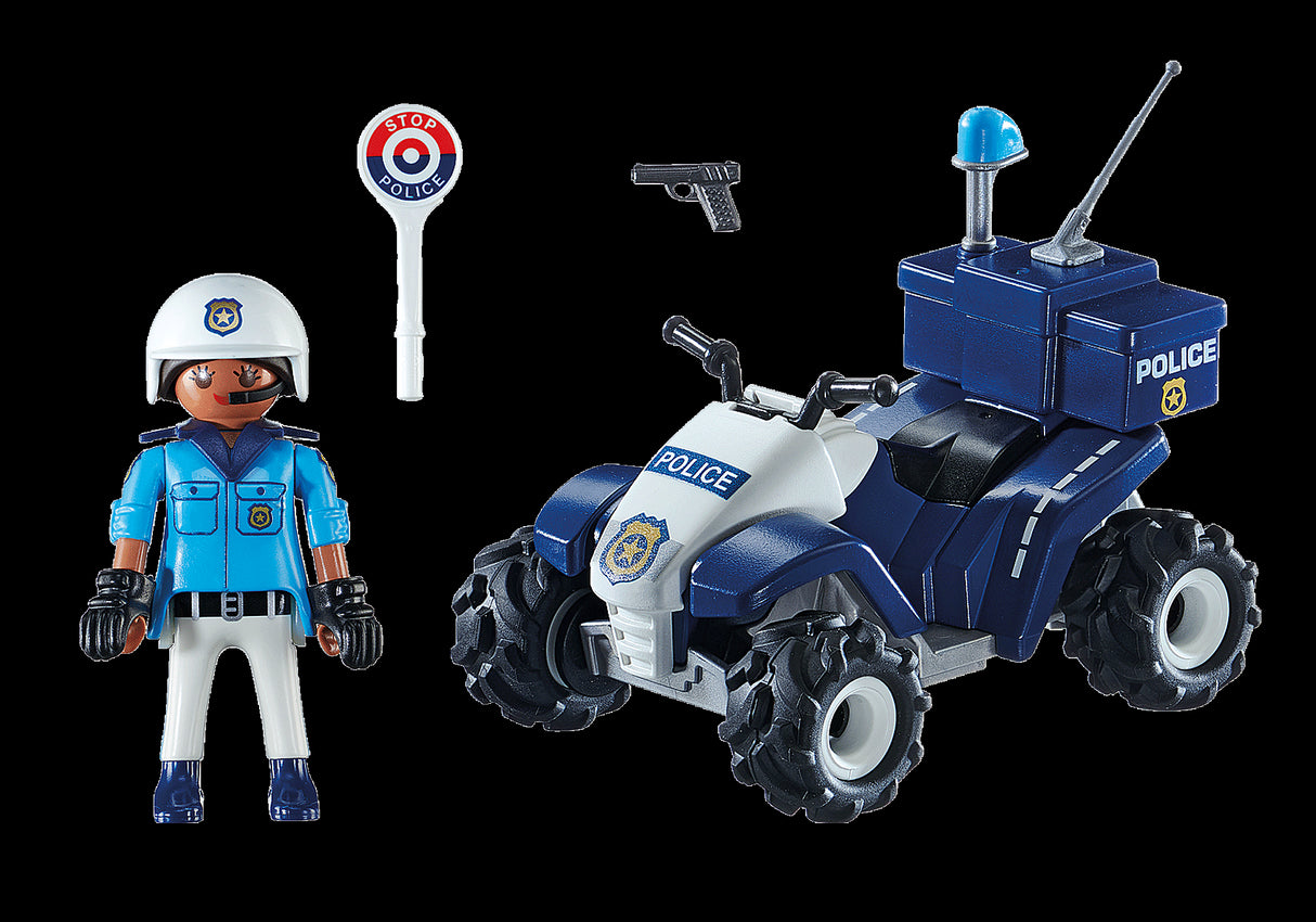 Playmobil Police Quad toy with officer, pull-back motor, and accessories for imaginative police roleplay adventures.