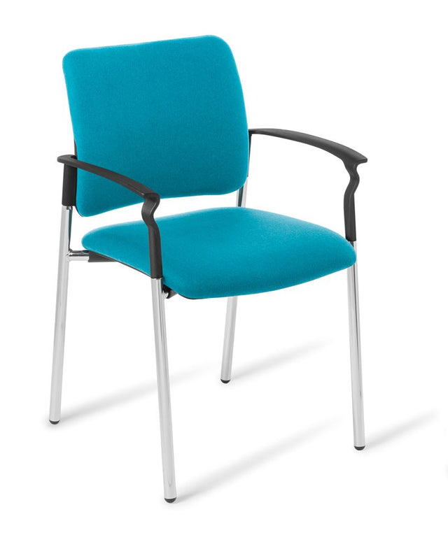 Modern Polo Visitor Chair with chrome frame, Arm Reef upholstery, ergonomic design, stackable, suited for meetings and receptions.