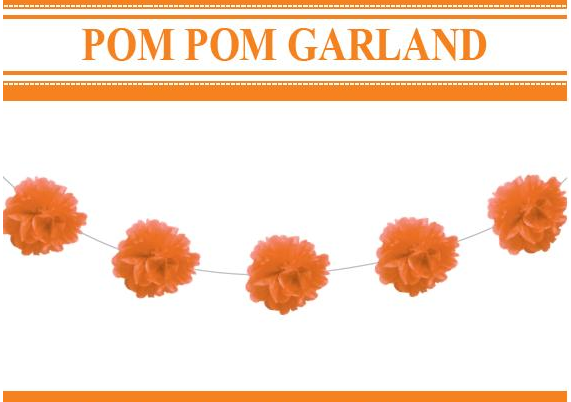 Vibrant 2-meter orange pom pom garland with 8 tissue paper pom poms, perfect for festive decor and celebrations.