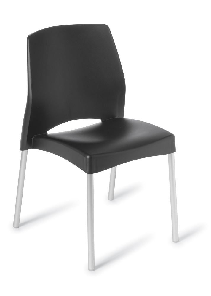 Stylish black cafe chair with UV-treated polypropylene surface and anodised aluminium legs, ideal for indoor or outdoor use.