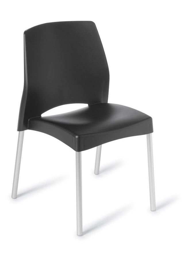 Stylish black cafe chair with UV-treated polypropylene surface and anodised aluminium legs, ideal for indoor or outdoor use.