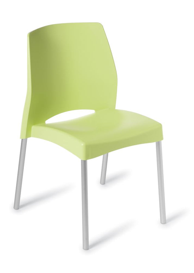 Pistachio cafe chair with UV-treated plastic, anodized aluminum legs, stackable design, and generous comfort for indoor and outdoor use.