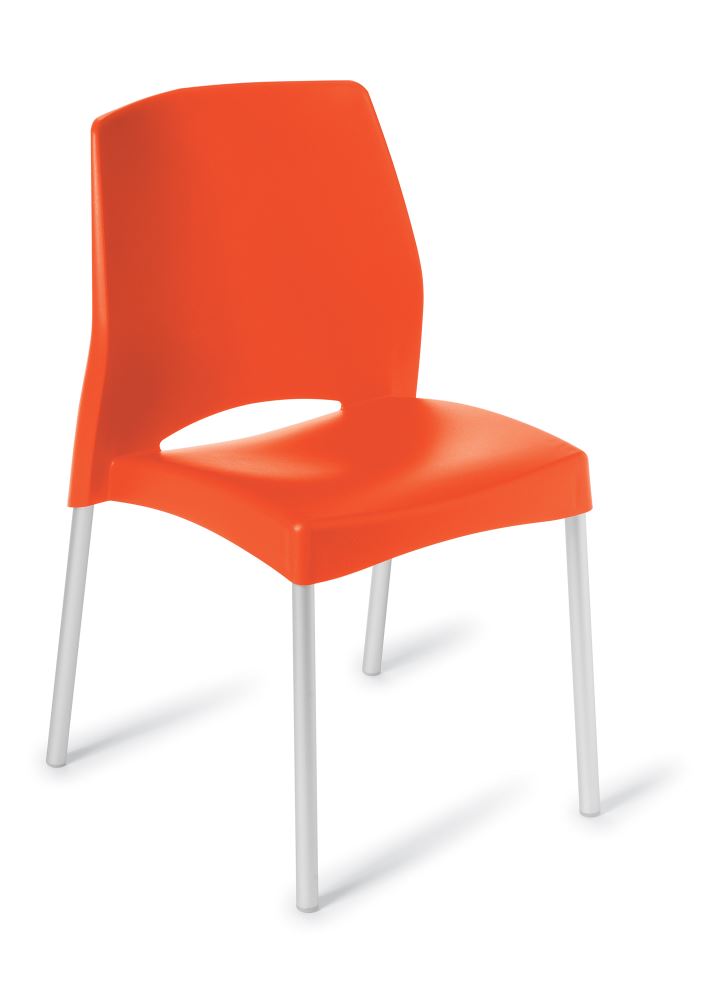 Elegant red café chair with UV treated polypropylene and anodised aluminium legs, ideal for indoor and outdoor dining.