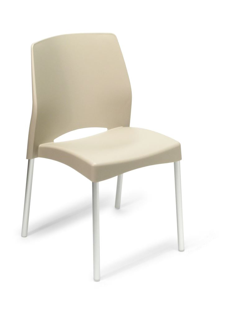 Stylish sand cafe chair with aluminium legs, stackable design, and UV treated polypropylene for indoor and outdoor comfort.
