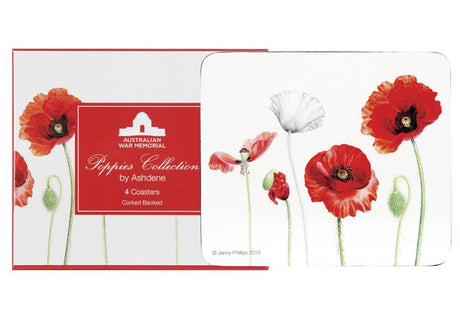 Vibrant Poppies 4 Pack Coaster Set with cork backing, perfect for protecting furniture from heat and water damage.