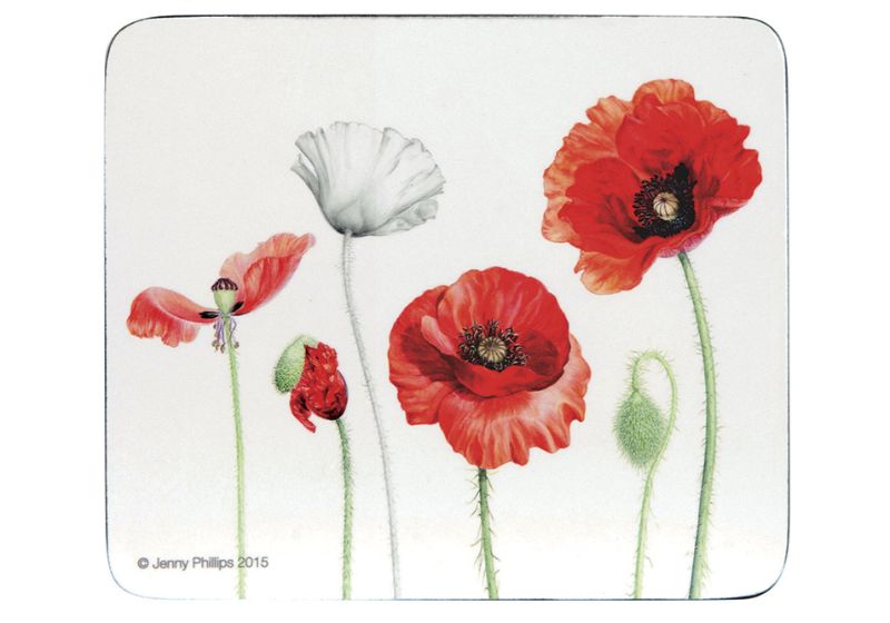 Vibrant Poppies 4 Pack Coaster Set, cork-backed, stylish and functional, perfect for protecting surfaces from heat and moisture.