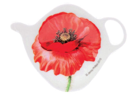 Set of 6 melamine tea bag holders with vibrant poppy design, keeping your tea time organized and elegant.
