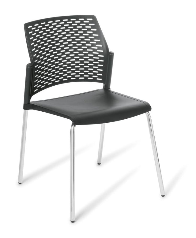 Modern stackable chair in chrome with black perforated backrest, designed for durability and comfort in any space.