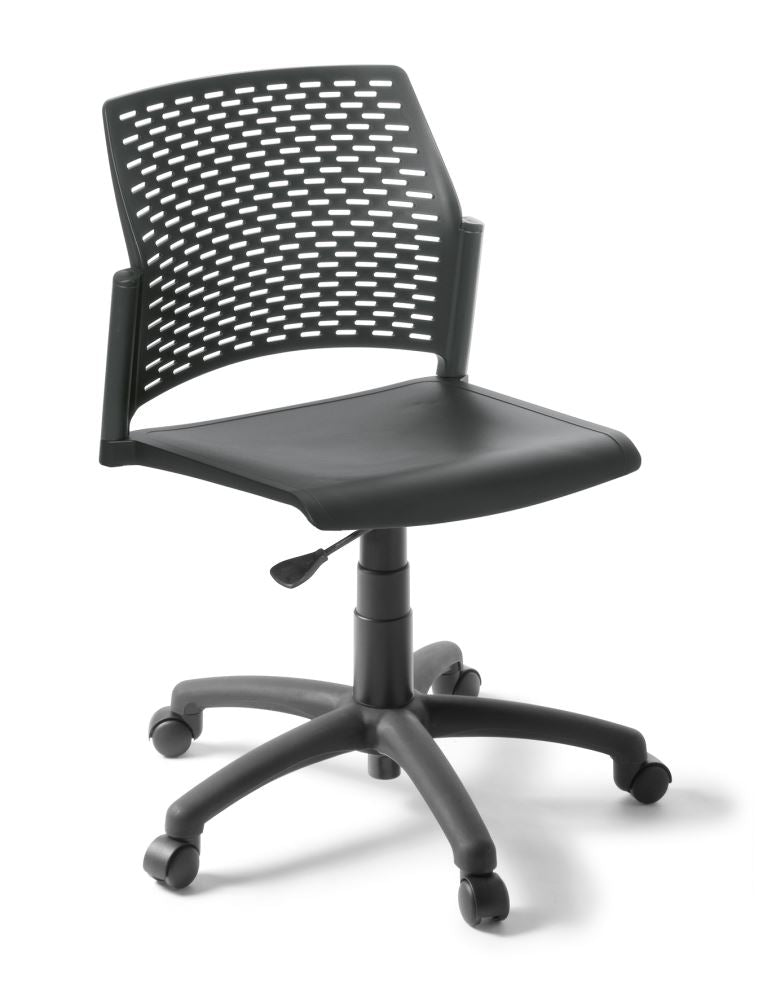 Heavy duty black swivel chair with 5-star base, gaslift height adjustment, and perforated backrest for comfort and durability.
