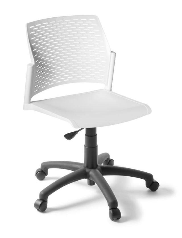 Heavy Duty White Swivel Chair with perforated backrest, gaslift height adjustment, and robust polypropylene design.