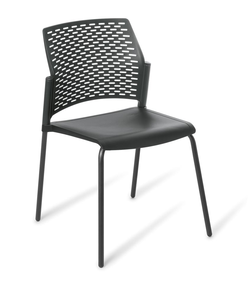 Stylish stackable chair with a black frame, featuring a durable design and perforated backrest, perfect for various indoor spaces.