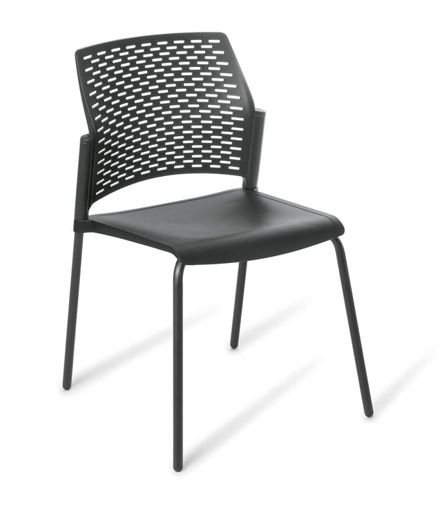 Stylish stackable chair with a black frame, featuring a durable design and perforated backrest, perfect for various indoor spaces.