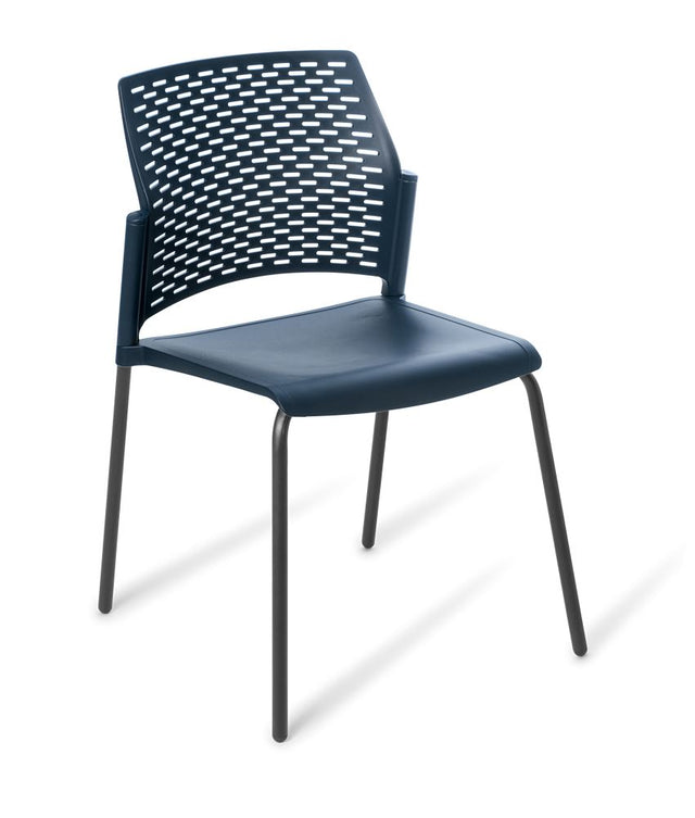 Stackable navy chair with black steel frame, perforated backrest, durable design, ideal for schools and events.