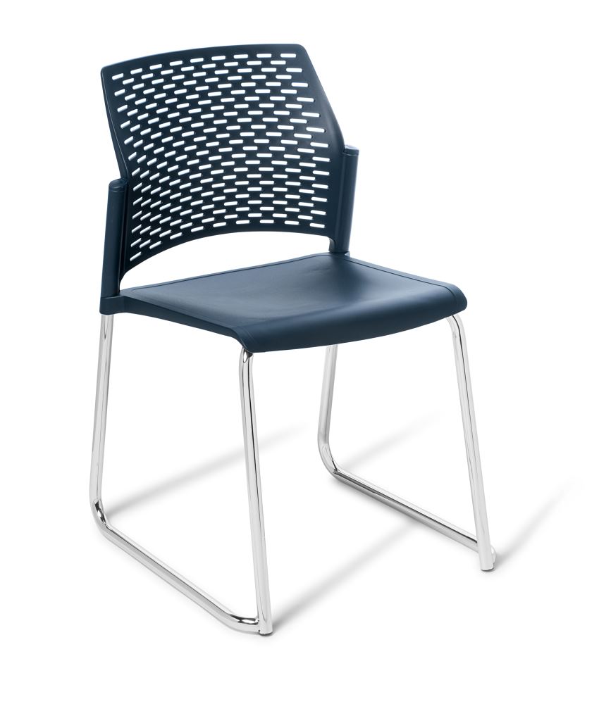 Heavy Duty Chair in navy with chrome frame, perforated backrest, and stackable design, perfect for durability and style.