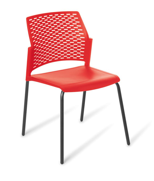Stackable chair with black frame and bright red seat, featuring a perforated backrest, ideal for versatile seating needs.