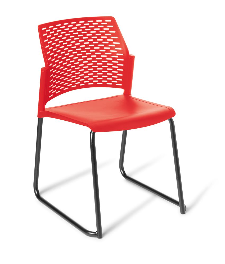 Heavy duty chair with a black frame and red seat, featuring a perforated backrest and stackable design for comfort and durability.