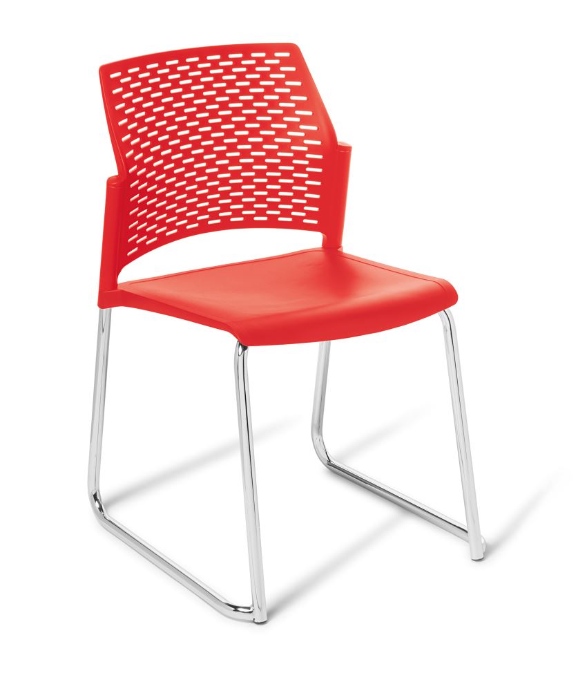 Heavy Duty Chair with a chrome frame in red, featuring a strong build, perforated backrest, and stackable design for versatile use.