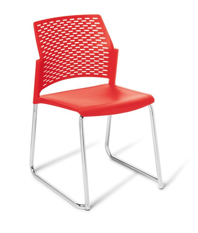 Heavy Duty Chair with a chrome frame in red, featuring a strong build, perforated backrest, and stackable design for versatile use.