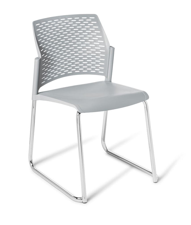 Heavy-duty chrome frame chair with perforated backrest, stackable design, and robust polypropylene seat for ultimate durability.