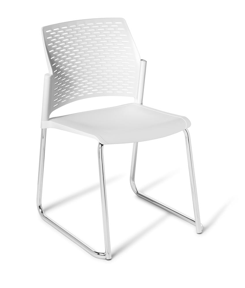 Heavy Duty Chair featuring a chrome frame in white, designed for durability and stackable for easy storage.