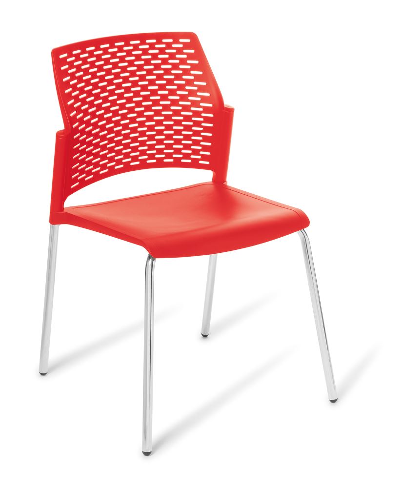 Stackable chair in chrome with vibrant Punch Red finish, featuring a durable frame, perforated backrest, and modern design.