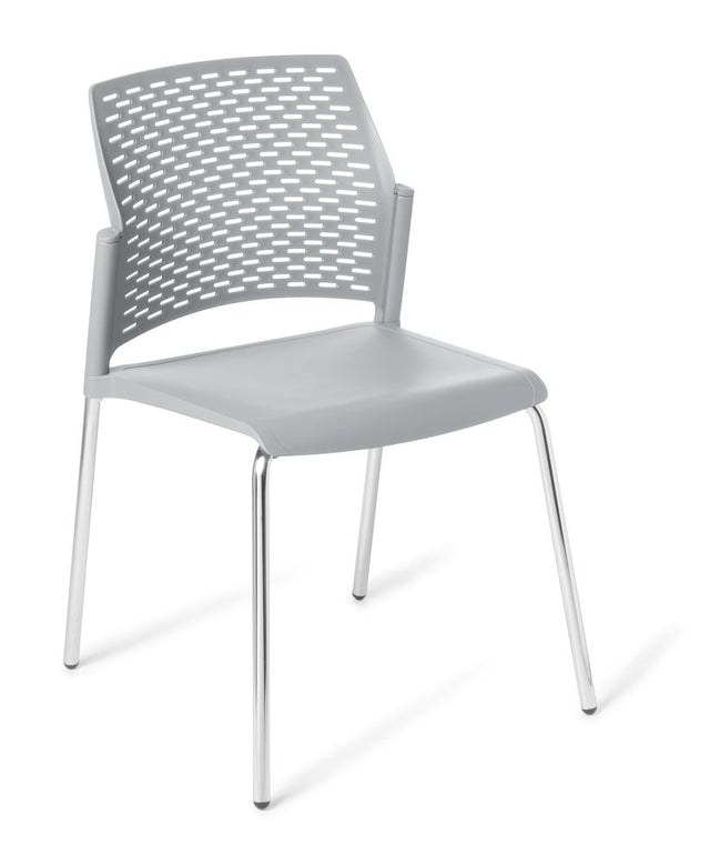 Stackable chair in chrome with Punch Smoke finish, featuring a durable frame, perforated backrest, and stylish design for any space.