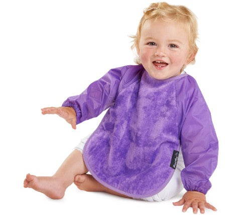Vibrant purple sleeved bib for infants, featuring absorbent cotton, water-resistant backing, and long sleeves for mess-free meals.