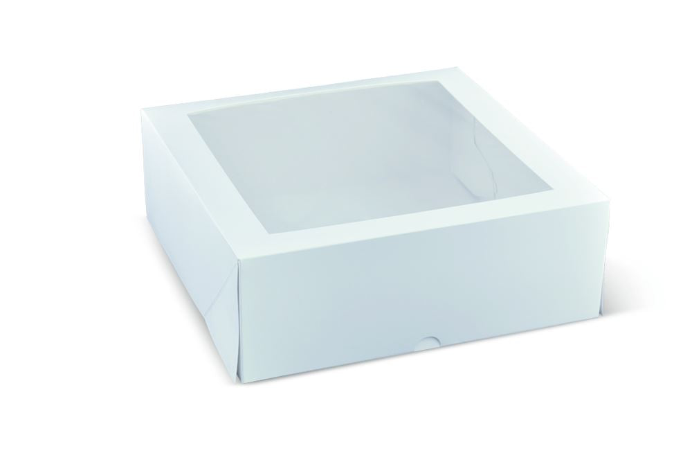 Square cake box with a large viewing window, ideal for showcasing cakes and pastries; pack of 50 sturdy boxes.
