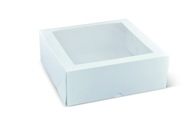 Square cake box with a large viewing window, ideal for showcasing cakes and pastries; pack of 50 sturdy boxes.
