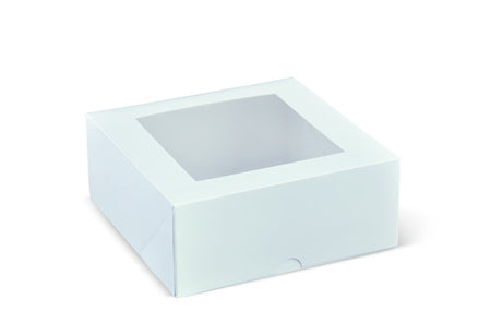 Elegant square cake box with a large window, perfect for showcasing 7" cakes and pastries; includes 50 premium units.