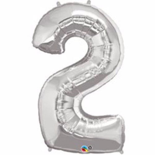 Shiny silver foil balloon shaped like the number two, 86cm, perfect for festive celebrations and elegant decor.