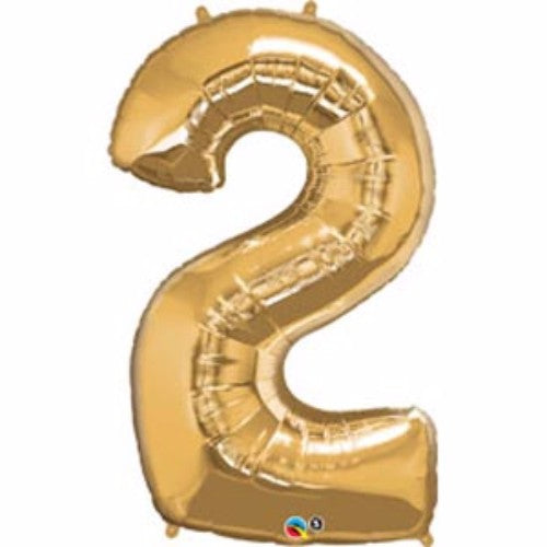 Metallic gold number two balloon, 86cm, perfect for birthdays and celebrations, self-sealing for air or helium filling.