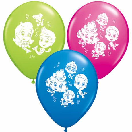 Vibrant 28cm Bubble Guppies latex balloons, perfect for themed parties and celebrations, featuring fun characters. Pack of 25.