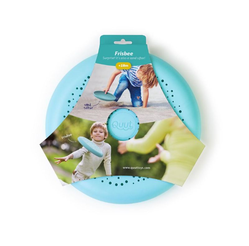 Blue Frisbee and Sand Sifter by Quut, a dual-purpose outdoor toy for fun at the beach, park, or pool.