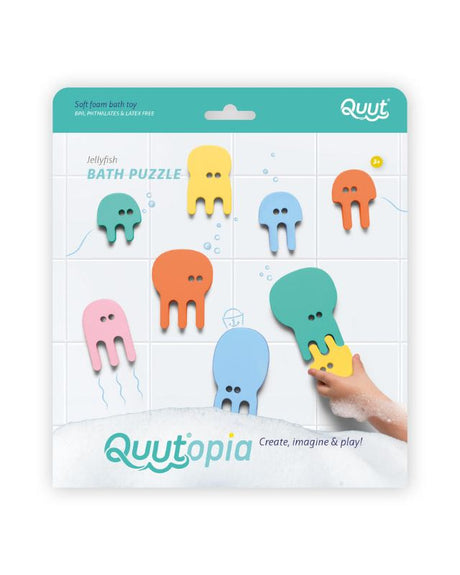 Vibrant Jellyfish Bath Puzzle by Quut for toddlers, made from safe EVA to enhance creativity and fine motor skills during bath time.