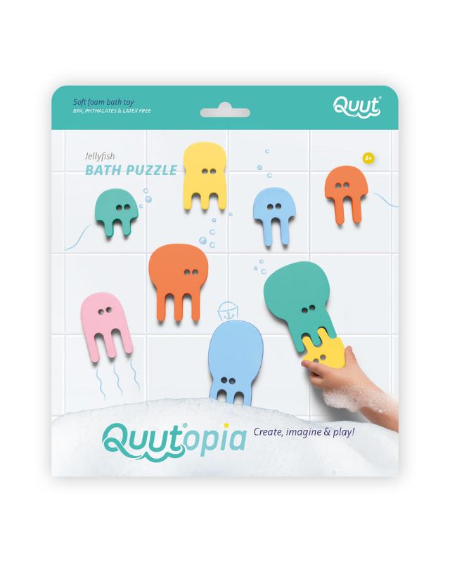 Vibrant Jellyfish Bath Puzzle by Quut for toddlers, made from safe EVA to enhance creativity and fine motor skills during bath time.