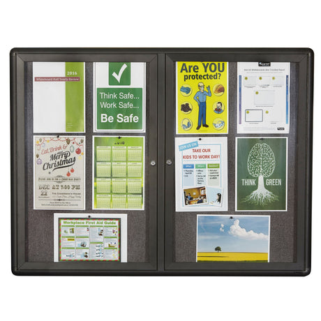 Quartet 2 Door Fabric Board: Stylish grey enclosed bulletin board with locking doors, ideal for secure indoor displays.