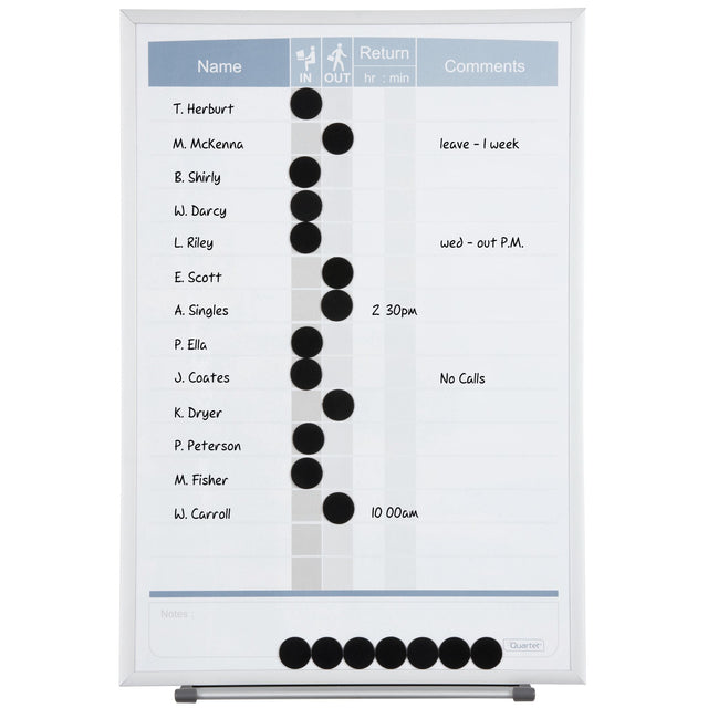 Quartet Matrix In-Out Personnel Board: 410x280mm, tracks up to 15 employees with magnetic dots for attendance updates.