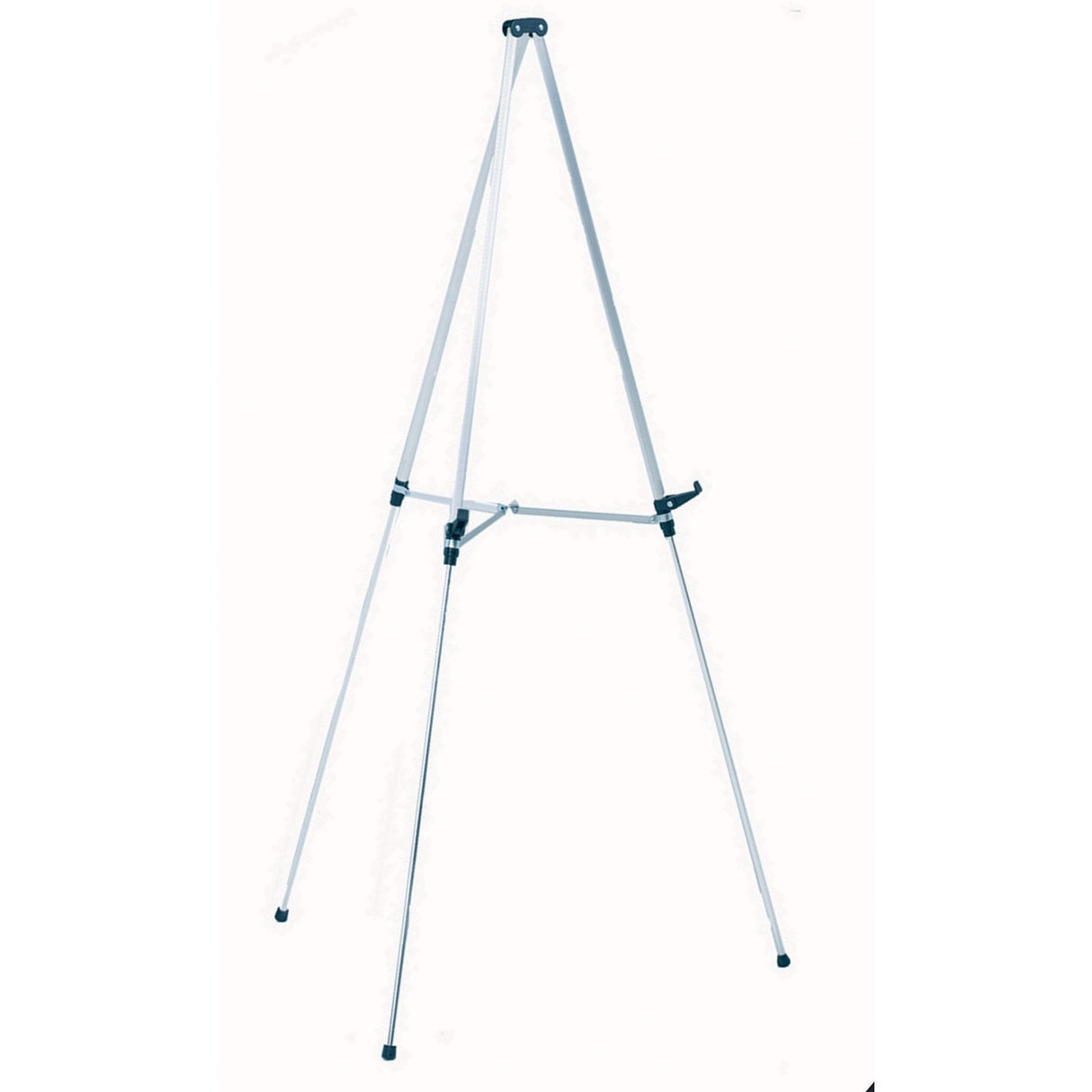 Silver aluminum easel with telescoping legs, adjustable height, and sturdy display holders for presentations and art.