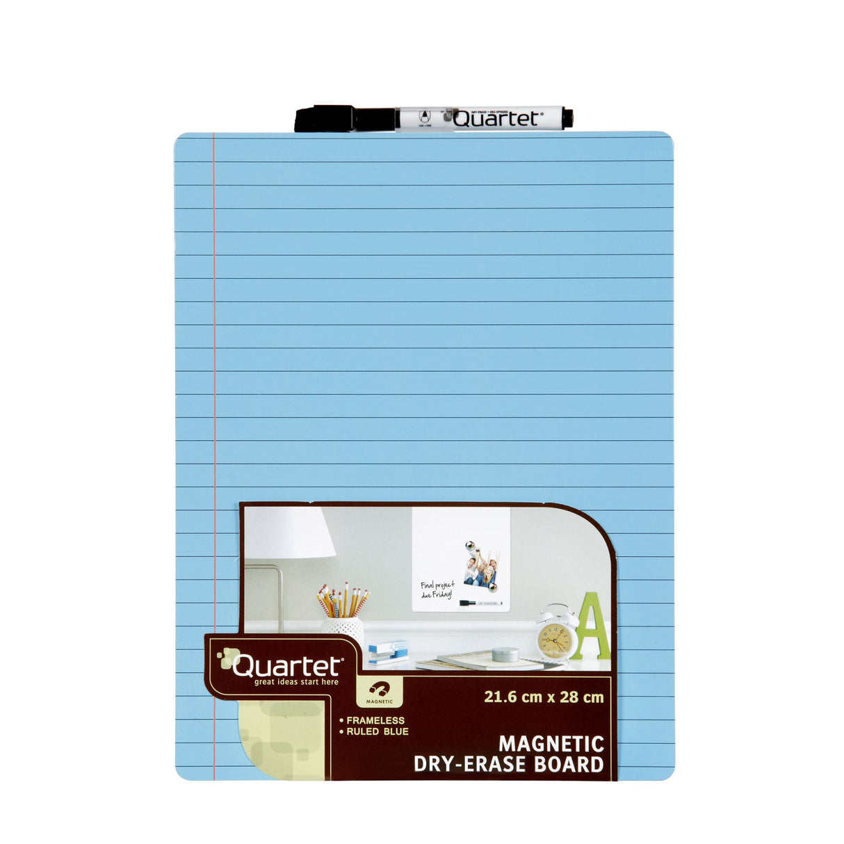 Blue ruled Quartet magnetic whiteboard tile 216x280mm, ideal for writing, reminders, and organizing in offices or classrooms.