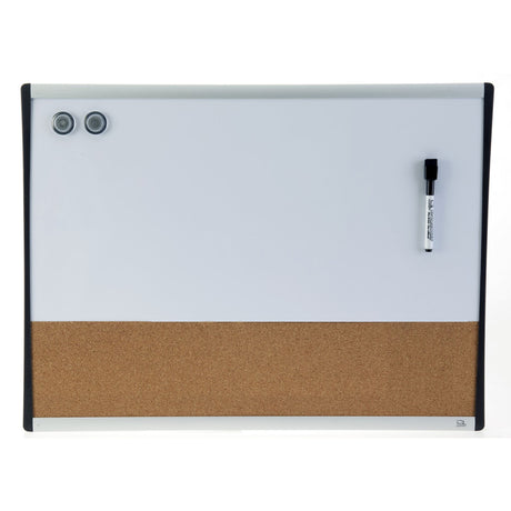 Quartet Arc Combination Board 460x610mm with whiteboard and bulletin surfaces, framed in aluminum, includes accessories for easy setup.